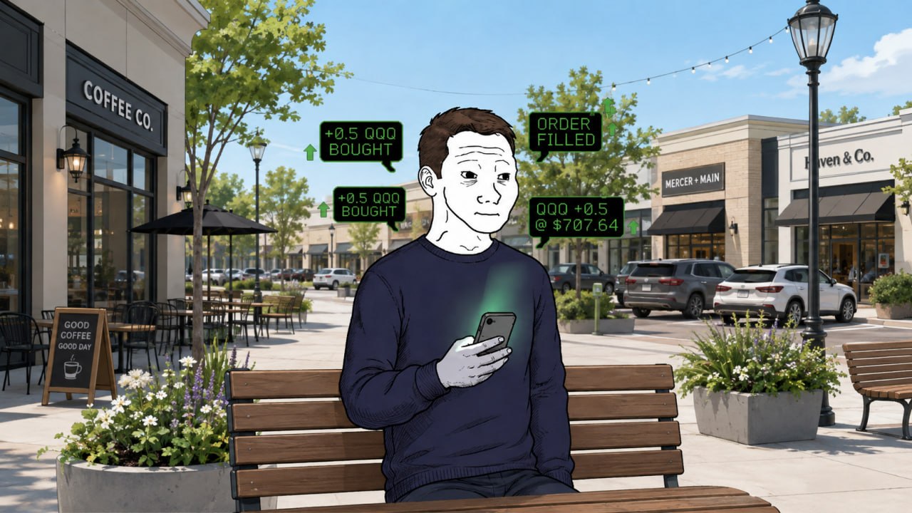 Normie on a bench outside a coffee shop, phone in hand, order-filled notifications around him.